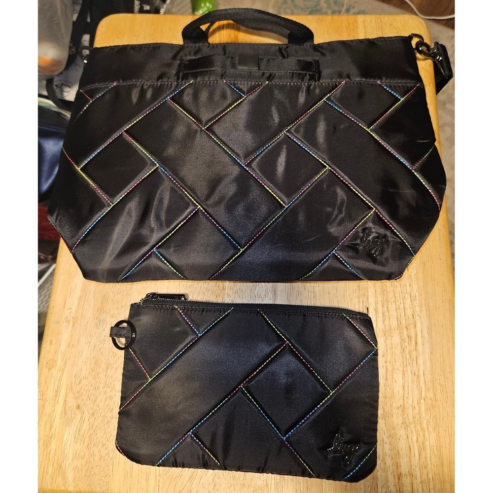 Lug Jitterbug Crossbody Bag and Pouch Set Black Rainbow Basketweave Nylon